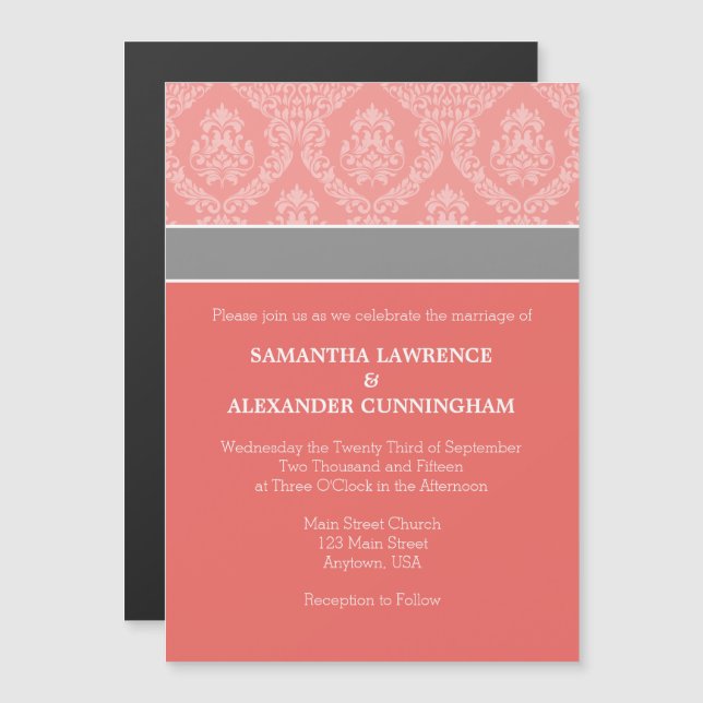 Convite para Casamento Magnético Coral Damask (Frente/Verso)