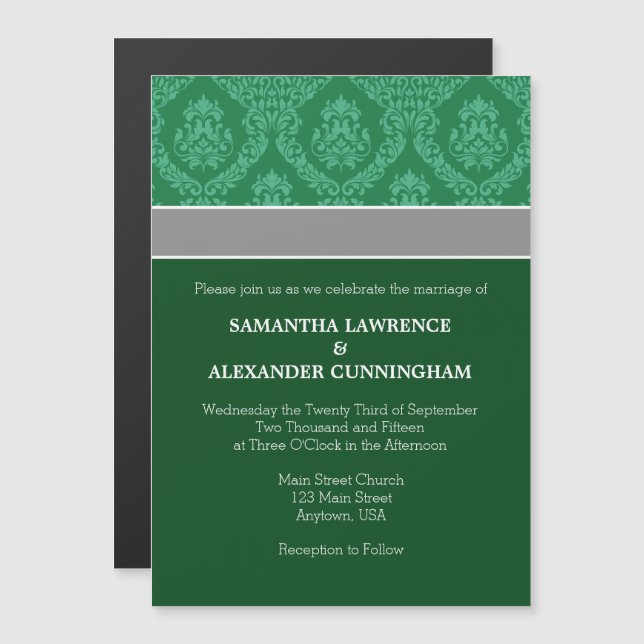 Convite para Casamento Magnético Dark Green Damask (Frente/Verso)