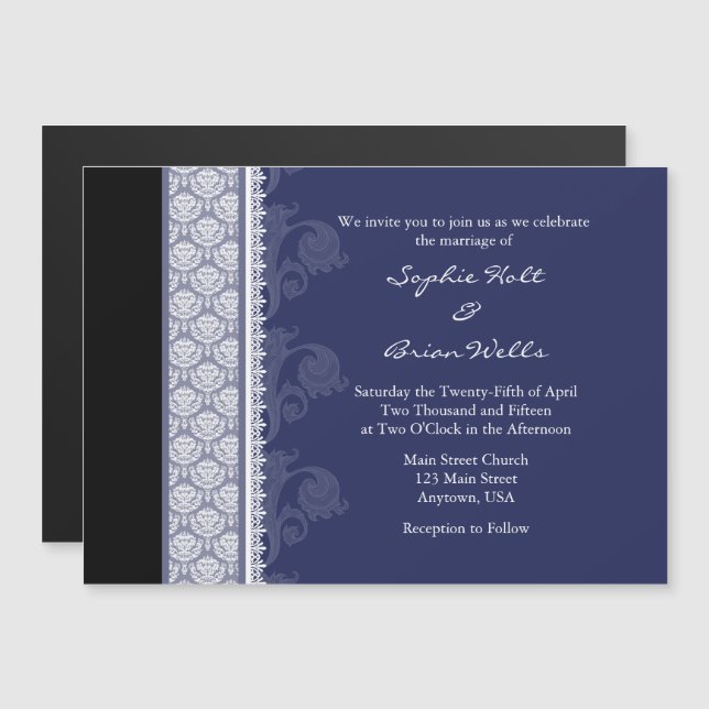 Convite para Casamento Magnético Marinho Azul Pret (Frente/Verso)