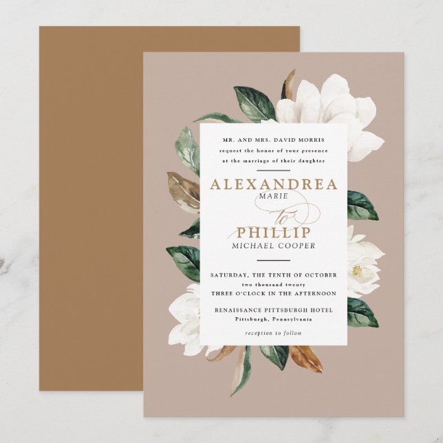 Convite para Casamento Magnolia | Tan (Frente/Verso)