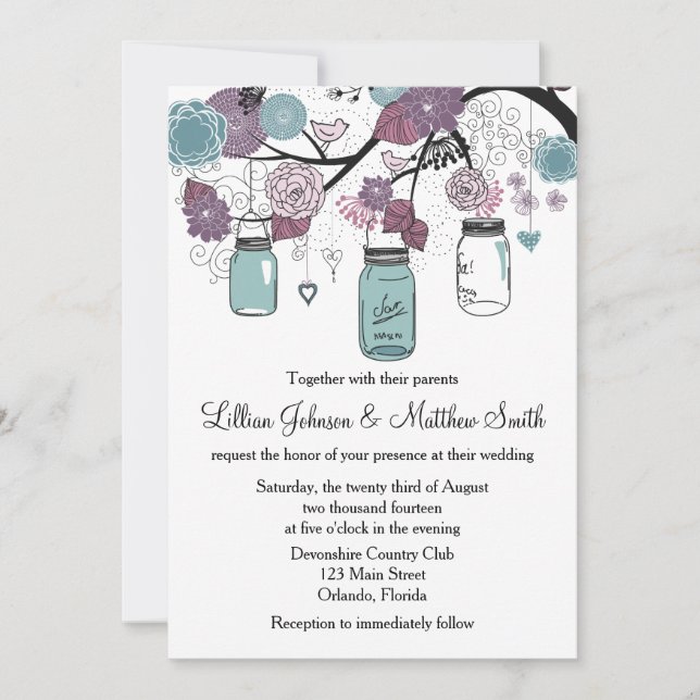 Convite para Casamento Mason Jar - Roxo e Azul (Frente)