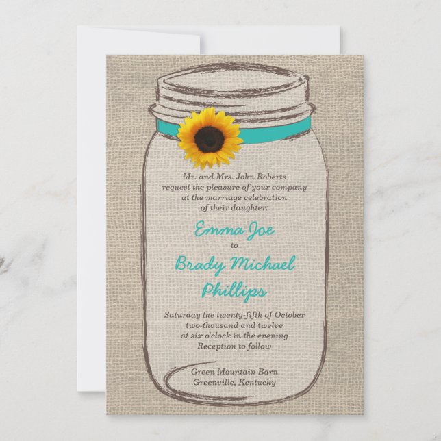 Convite para Casamento Mason Jar & Sunflower (Frente)