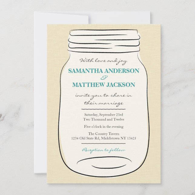 Convite para Casamento Mason Jar - Teal (Frente)