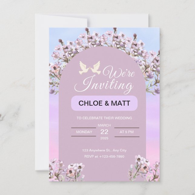 Convite para Casamento Minimalista Azul e Roxo (Frente)