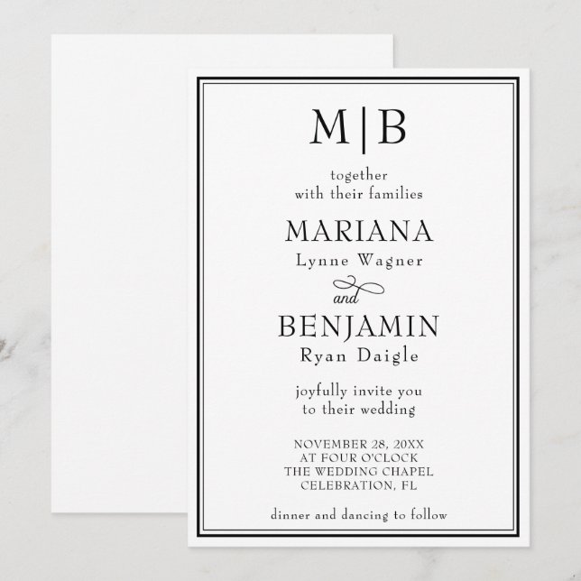 Convite para Casamento Minimalista Branco Negro Mo (Frente/Verso)