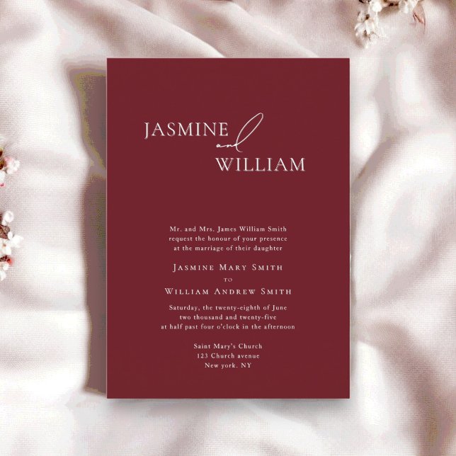 Convite para Casamento Mínimo de Burgundy Moderno (beautiful deep cherry red modern wedding invite by willows weddings)