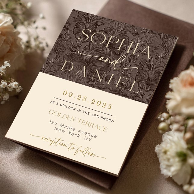 Convite para Casamento Mocha de Chocolate Elegante (Elegant Chocolate Brown Mocha Gold Foil Wedding Template Invitation | Elegant Chocolate Brown Emboss)