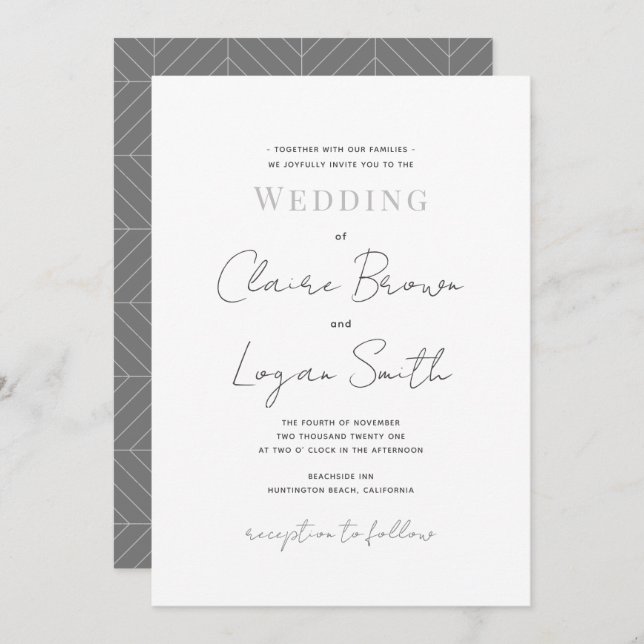 Convite para Casamento Moderno Branco de Script (Frente/Verso)