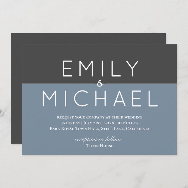 Convite para Casamento Moderno de Aço Azul - Negri (Frente/Verso)