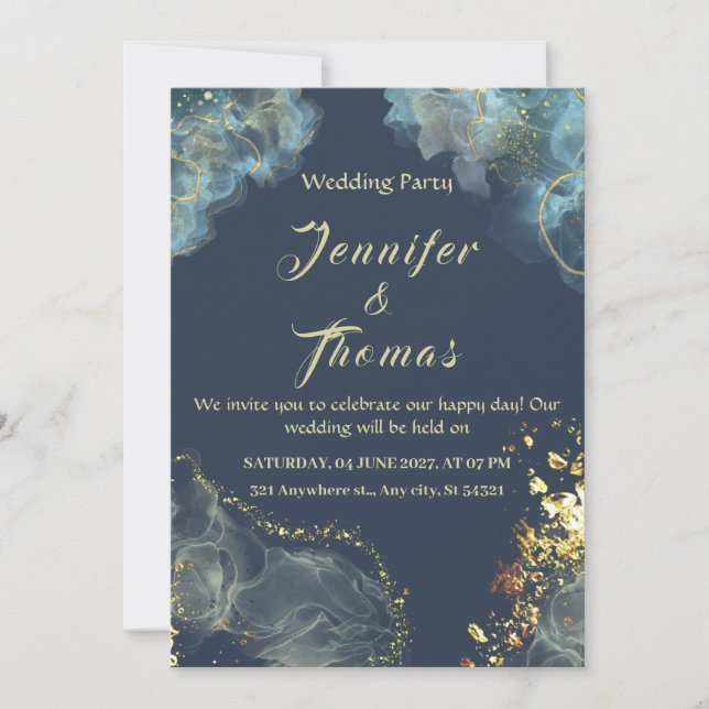 Convite para Casamento Moderno Dourado azul marinh (Frente)