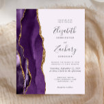 Convite para Casamento Moderno Dourado Roxo de Aga<br><div class="desc">A borda esquerda deste elegante convite de casamento moderno apresenta uma cor d'água roxa, borda agitada, aparada com falso brilho dourado. O texto personalizável combina escrita manual, matriz e fontes itálicas em cinzas de carvão em um fundo púrpura pálido. O verso apresenta um design de agate roxo e dourado correspondente....</div>