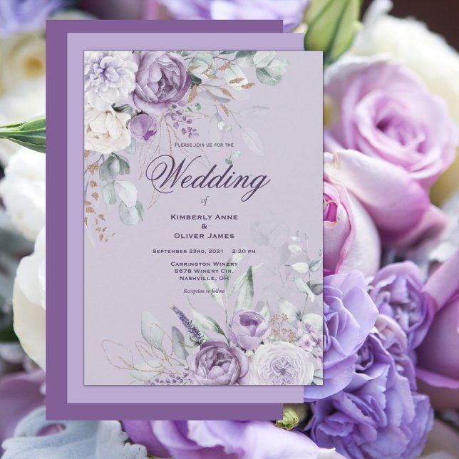 Convite para Casamento Moderno Floral Roxo (Criador carregado)