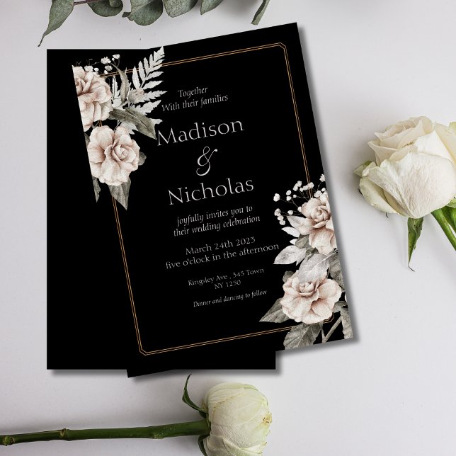 Convite para Casamento Negra de Rosa Branca Elegan (Elegant Black Floral Wedding Invite)