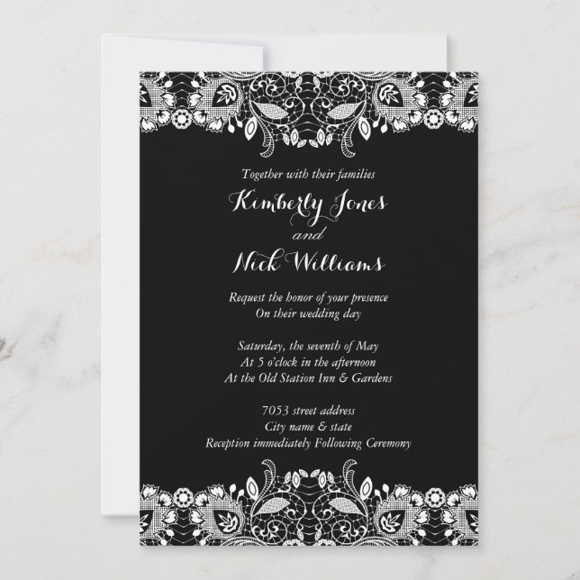 Convite para Casamento Negro de Lace Branco Doce (Frente)
