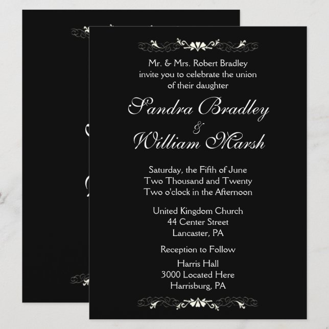 Convite para Casamento Negro e Branco (Frente/Verso)