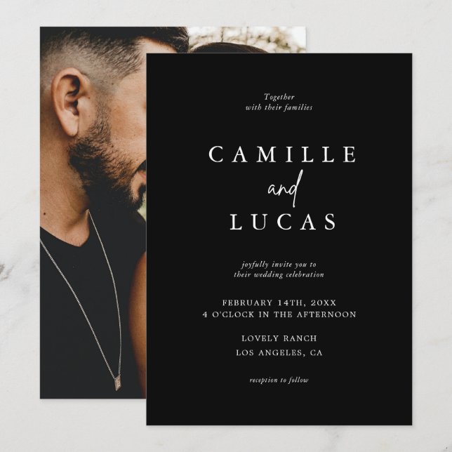 Convite para Casamento Negro e Branco (Frente/Verso)