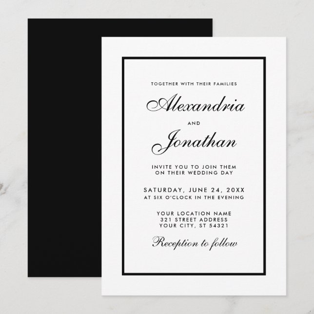 Convite para Casamento Negro e Branco Elegante Mod (Frente/Verso)
