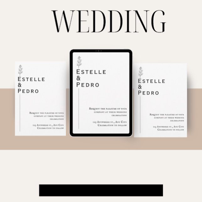 Convite para Casamento Negro e Branco Floral Minim (Criador carregado)