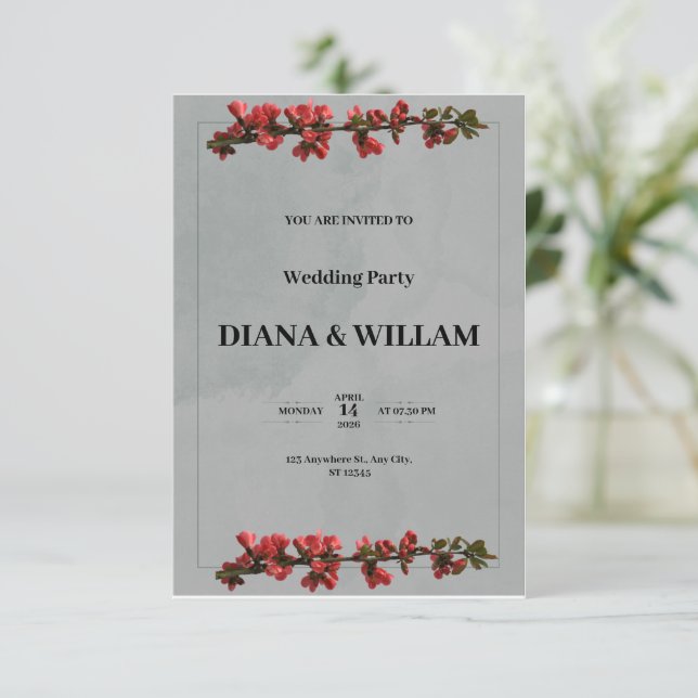 Convite para casamento negro elegante com flores v (Em pé/Frente)