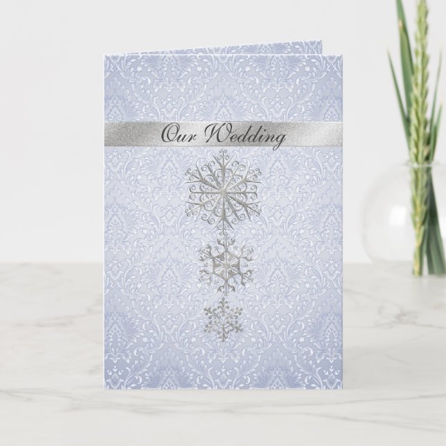 Convite para Casamento no inverno Azul Damask & Sn (Frente)