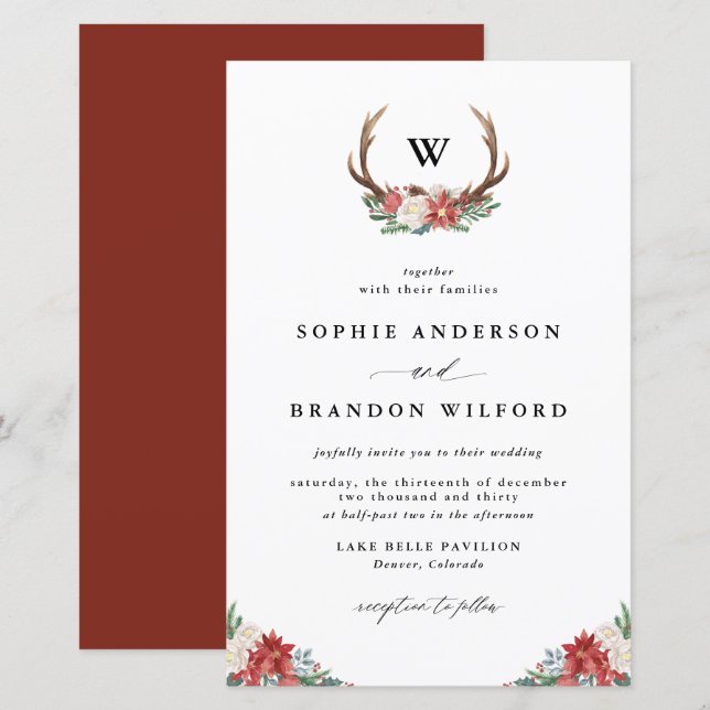 Convite para Casamento no inverno de Natal Antler  (Frente/Verso)