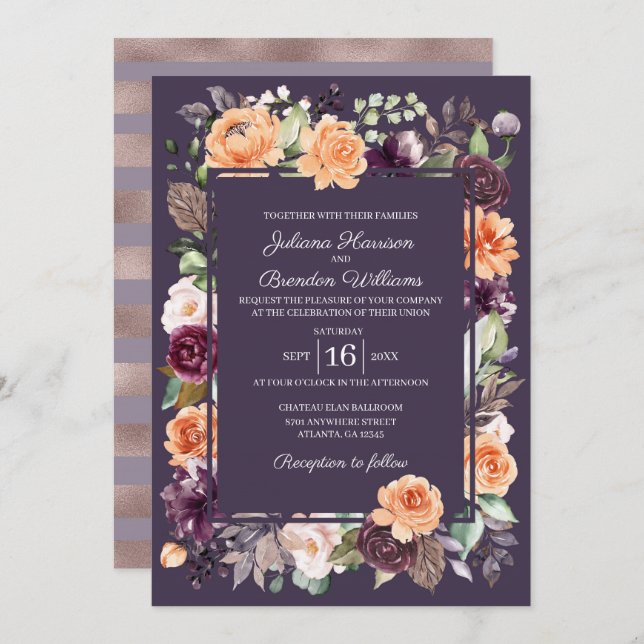 Convite para Casamento outono Floral Pêssego (Frente/Verso)