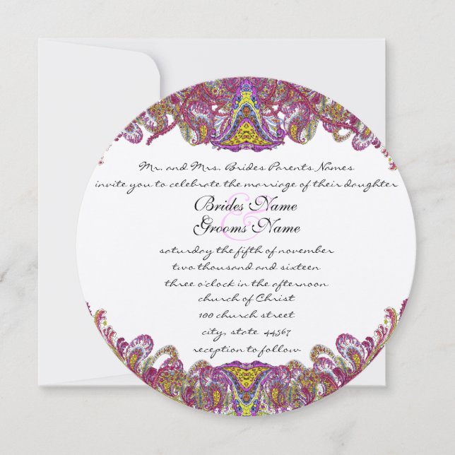 Convite para Casamento Paisley, Rosa e Verde (Frente)