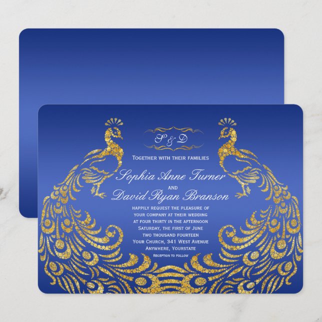 Convite para Casamento Pavão Dourado Real Azul (Frente/Verso)