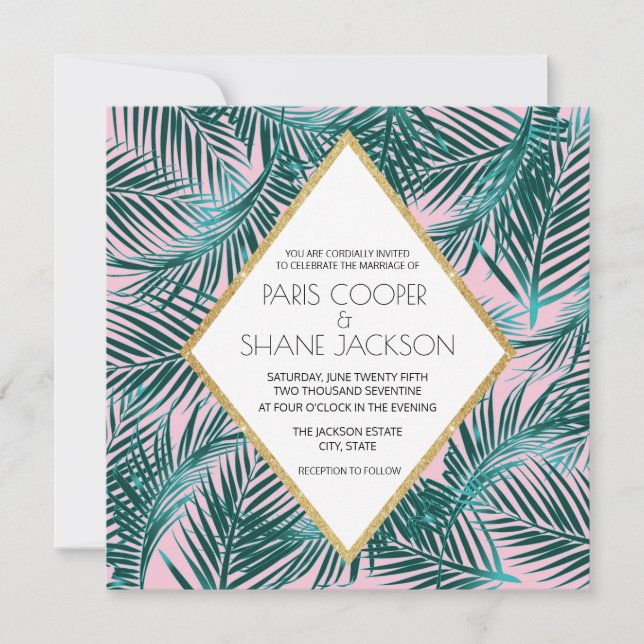Convite para Casamento Pink Palm Deco (Frente)