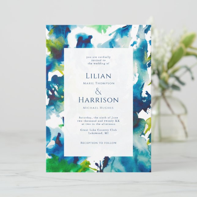 Convite para Casamento por Aquarela Abstrato de Am (Em pé/Frente)