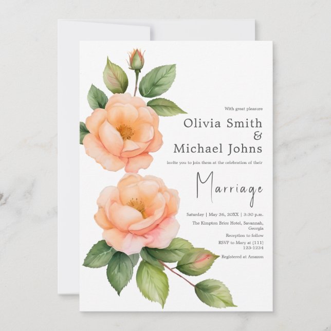 Convite para Casamento por Aquarela de rosas selva (Frente)