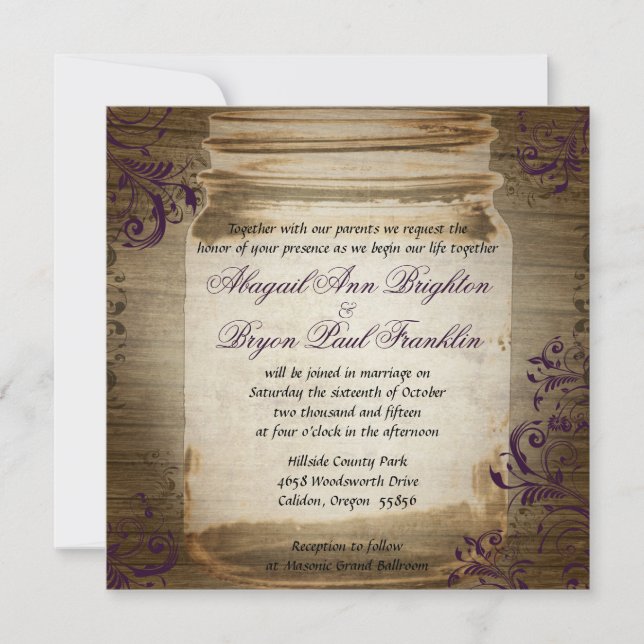 Convite para Casamento Praça Mason Jar Purple (Frente)