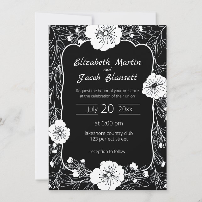 Convite para Casamento Preto e Branco da Linha Flo (Frente)