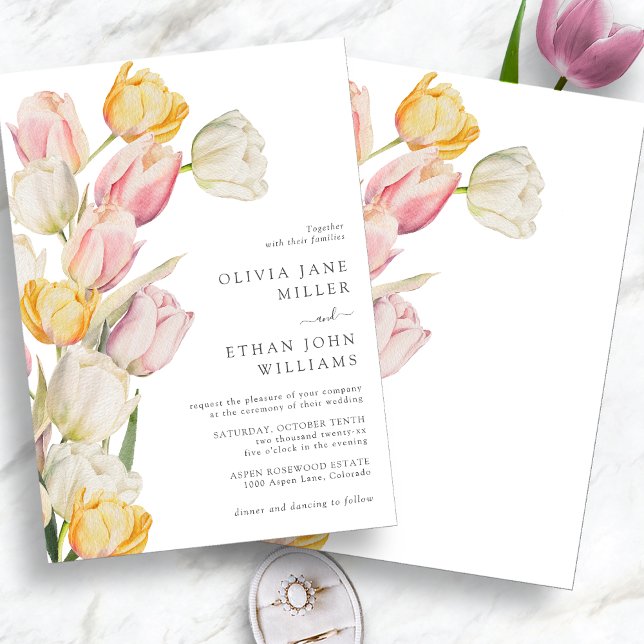 Convite para Casamento primavera Moderno (Modern Watercolor Pink Cream and Yellow Tulip Wedding Invitation by Painted Paperie)
