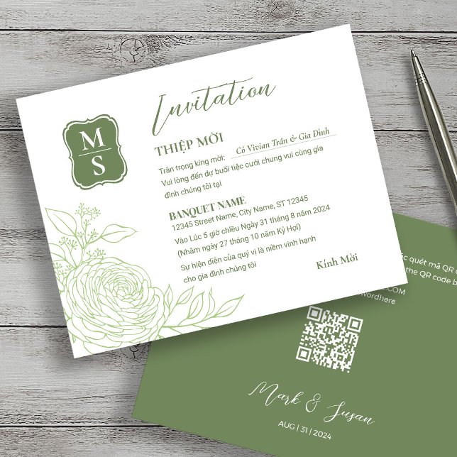 Convite para Casamento Ranunculus Bilíngue Vietnam (Criador carregado)