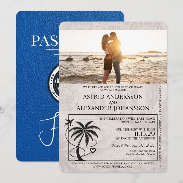 Convite para Casamento Real Blue Florida Passport (Frente/Verso)