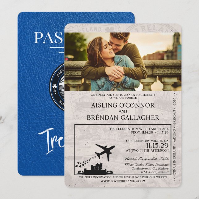 Convite para Casamento Real Blue Ireland Passaport (Frente/Verso)