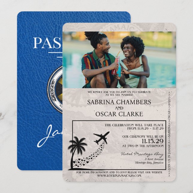 Convite para Casamento Real Blue Jamaica Passport (Frente/Verso)