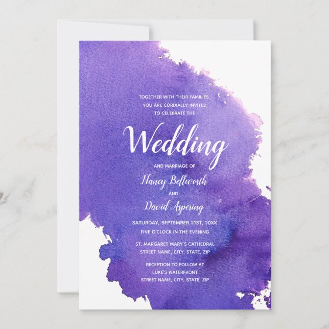 Convite para Casamento Real Purple Watercolor (Frente)