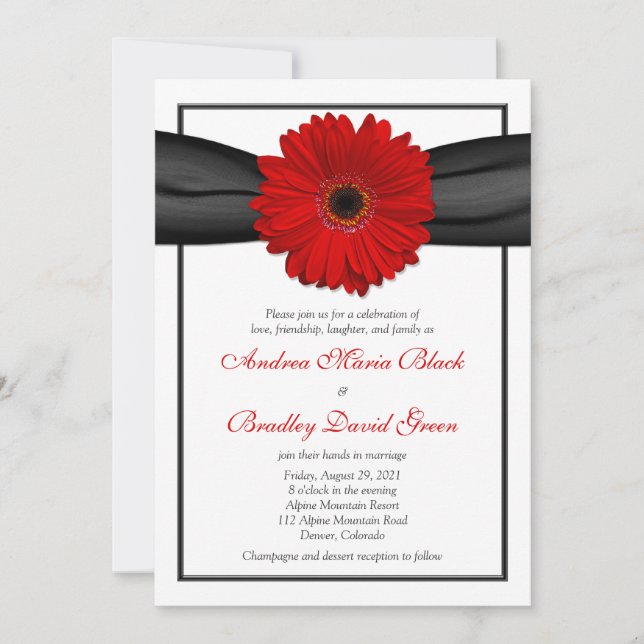 Convite para Casamento Red Gerbera Daisy Black Rib (Frente)
