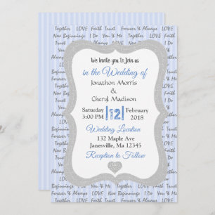 Convite para Casamento Romântico de Texto Azul e C