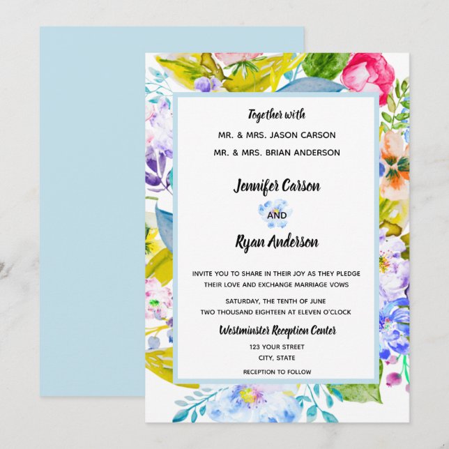 Convite para Casamento Romântico Floral Azul Suave (Frente/Verso)