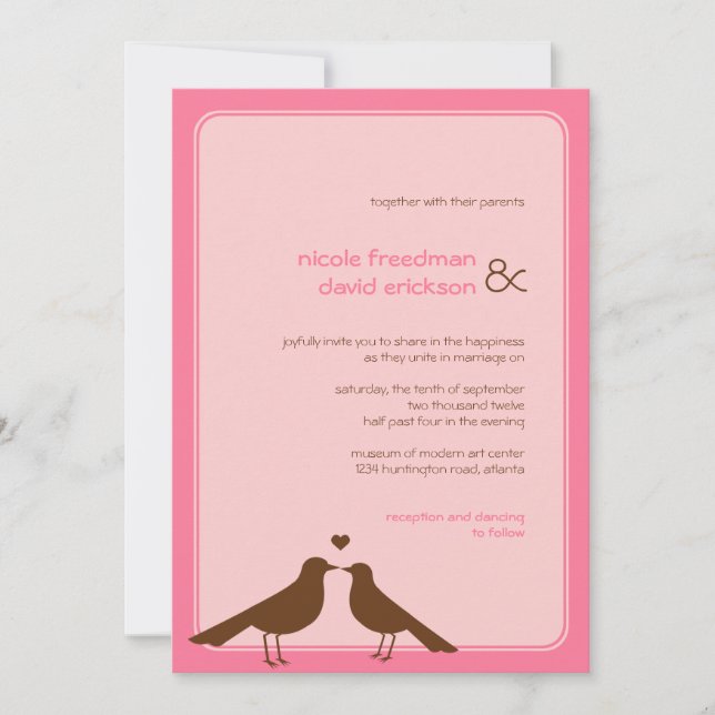 Convite para casamento rosa de aves amadas contemp (Frente)