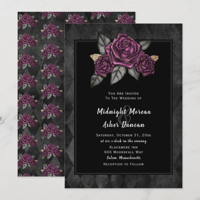 Convite para Casamento Rosa preto Moody Gothic (Frente/Verso)