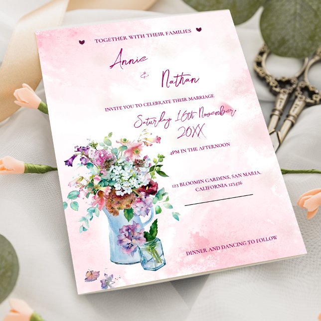 Convite para Casamento Rosa-Rosa com Buquê Floral  (Romantic Floral Bouquet Pink Wedding Invitation Postcard)
