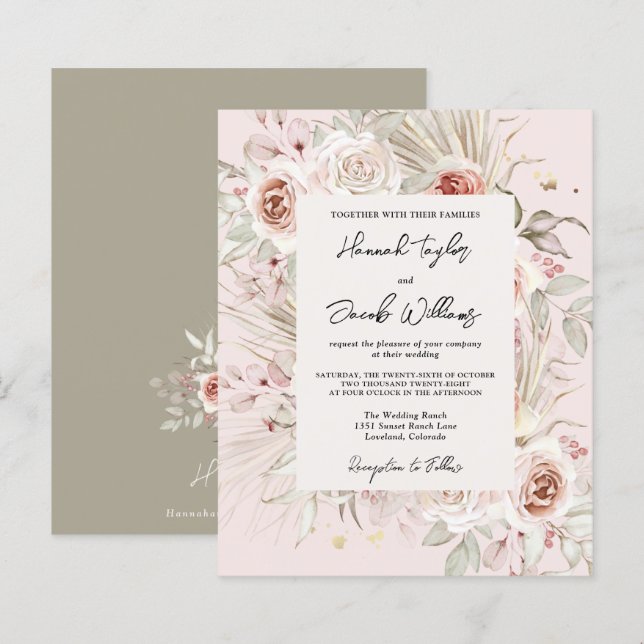 Convite para Casamento Russo de Boho Floral PInk (Frente/Verso)