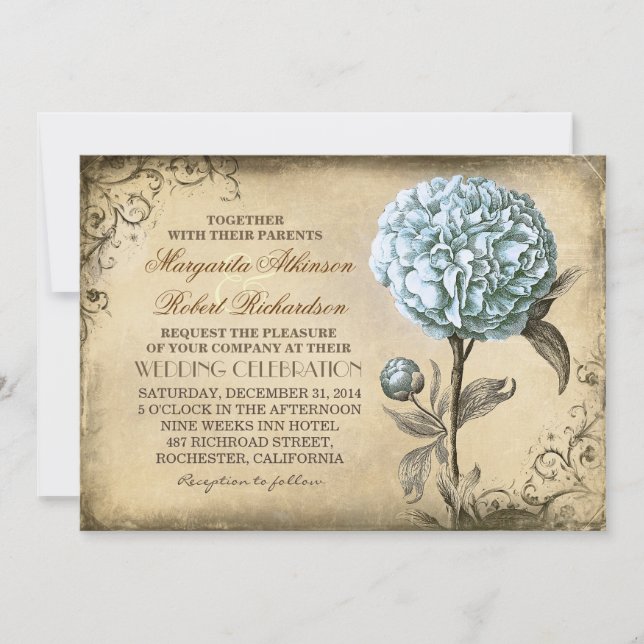 convite para casamento russo de vintage com peônia (Frente)