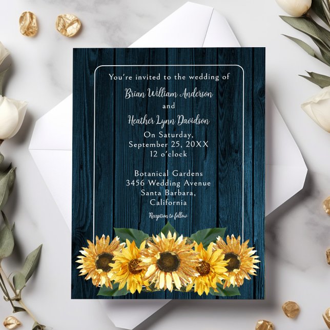 Convite para Casamento Rustic Blue Sunflower (Blue Rustic Sunflower Wedding Invitation)