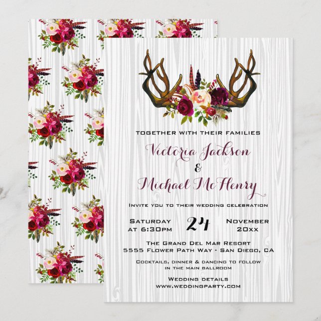 Convite para Casamento Rustic Boho com veados (Frente/Verso)