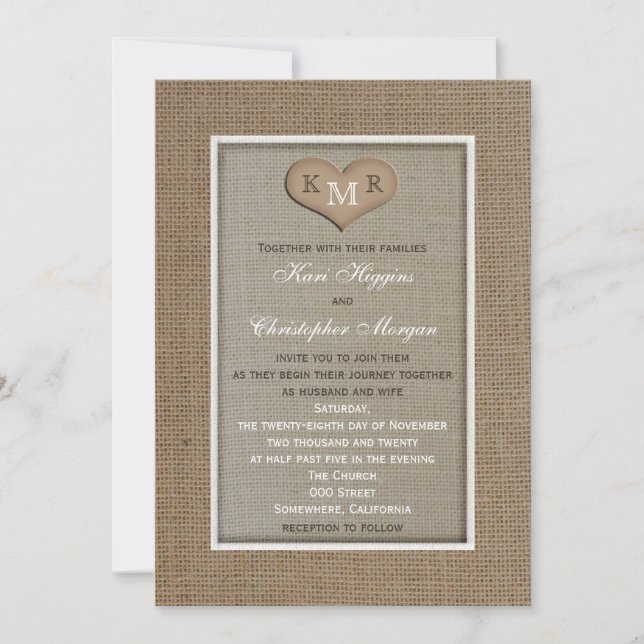 Convite para Casamento Rustic Burlap com Monograma (Frente)